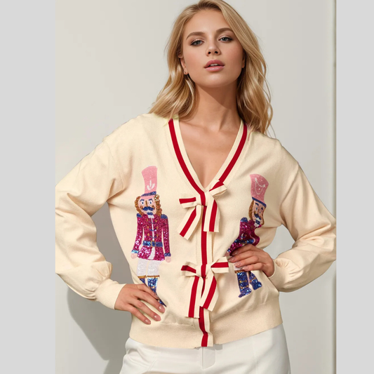 Double Take Full Size Nutcracker Sequin Bow Decor Cardigan