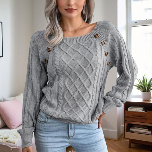 Women's Solid Color Casual Square Neck Button-Detail Knit Top - Textured Ribbed Pattern, Cozy Fall&Winter Sweater