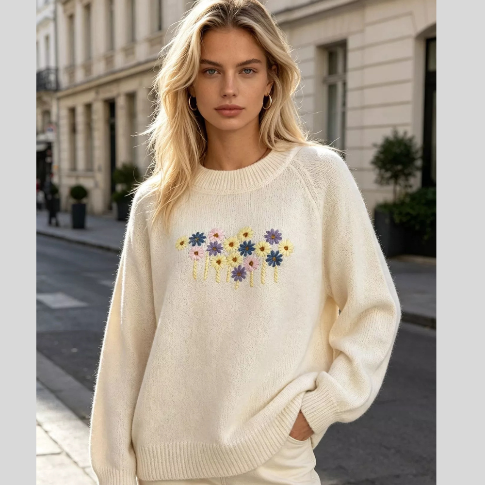 Floral Embroidered Round Neck Sweater