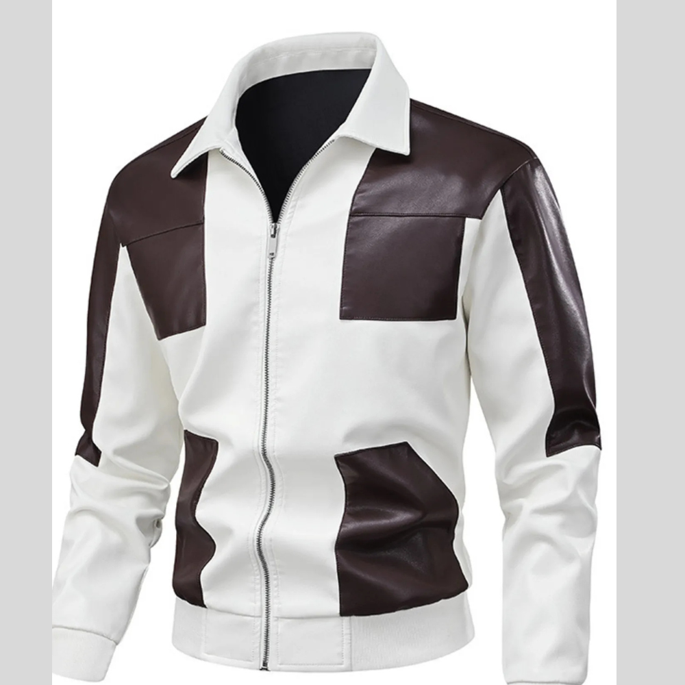 Men's Two-Tone Leather Bomber Jacket with Zip Front
