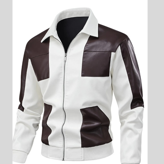 Men's Two-Tone Leather Bomber Jacket with Zip Front