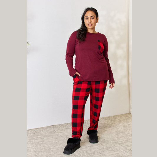 Zenana Full Size Plaid Round Neck Top and Pants Pajama Set