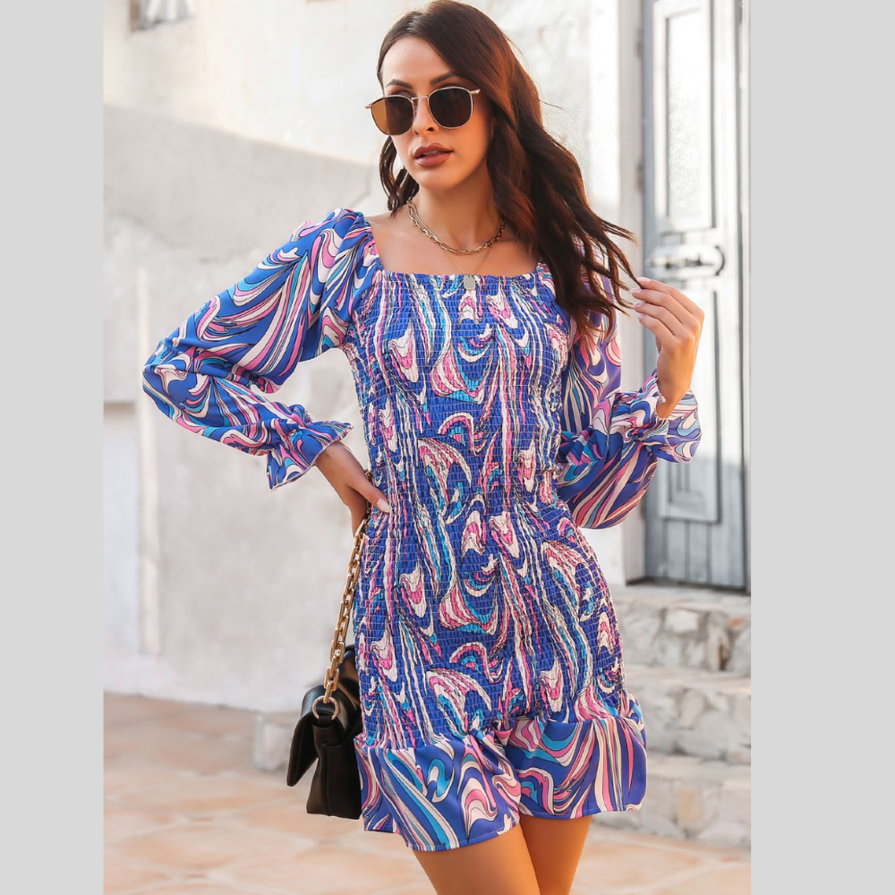 Abstract Print Square Neck Smocked Dress