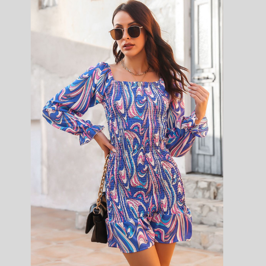 Abstract Print Square Neck Smocked Dress