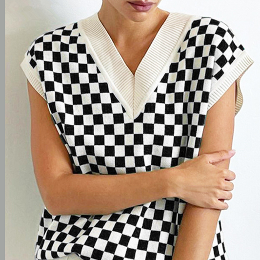 Full Size Checkered V-Neck Cap Sleeve Sweater