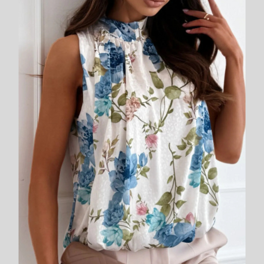 Floral Mock Neck Sleeveless Blouse