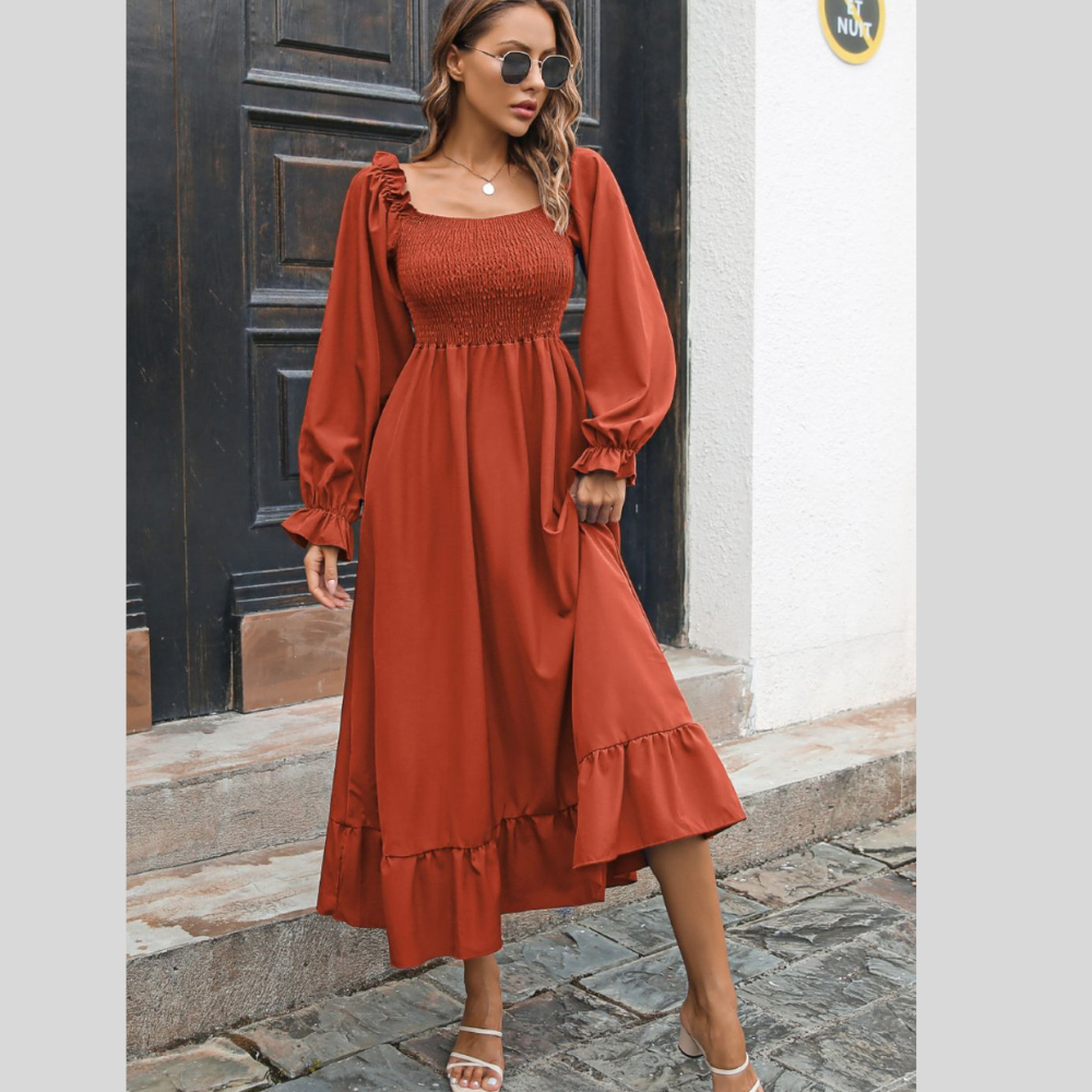 Smocked Ruffle Hem Flounce Sleeve Dress