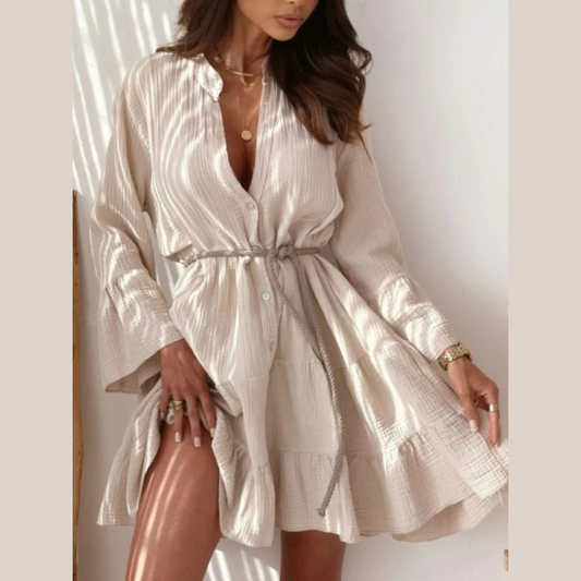 Button Detail Notched Long Sleeve Dress