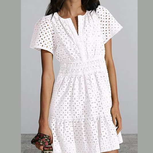 Eyelet Notched Short Sleeve Mini Dress