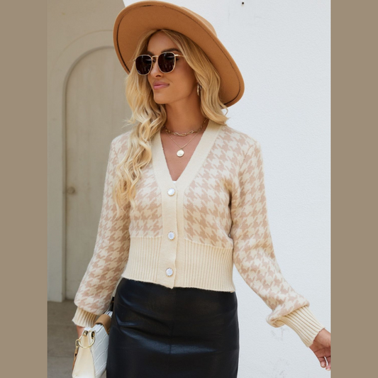 Houndstooth Button Up Long Sleeve Cardigan