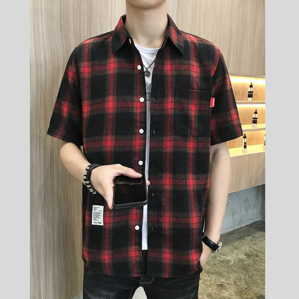 Men's Plus Size Plaid Button-Down Short Sleeve Shirt