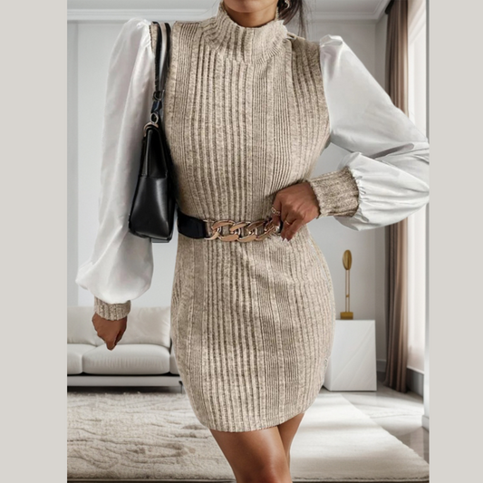 Ribbed Contrast Long Sleeve Sweater Dress