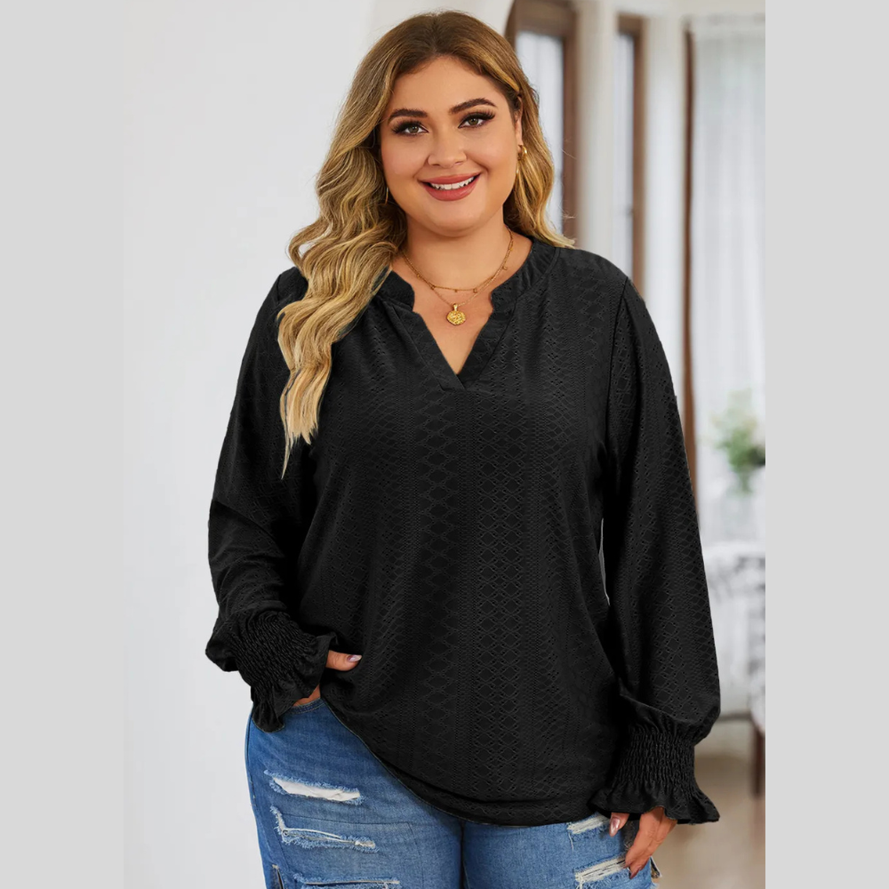 Plus Size Eyelet Notched Flounce Sleeve Blouse