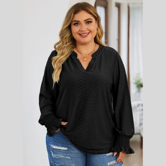 Plus Size Eyelet Notched Flounce Sleeve Blouse