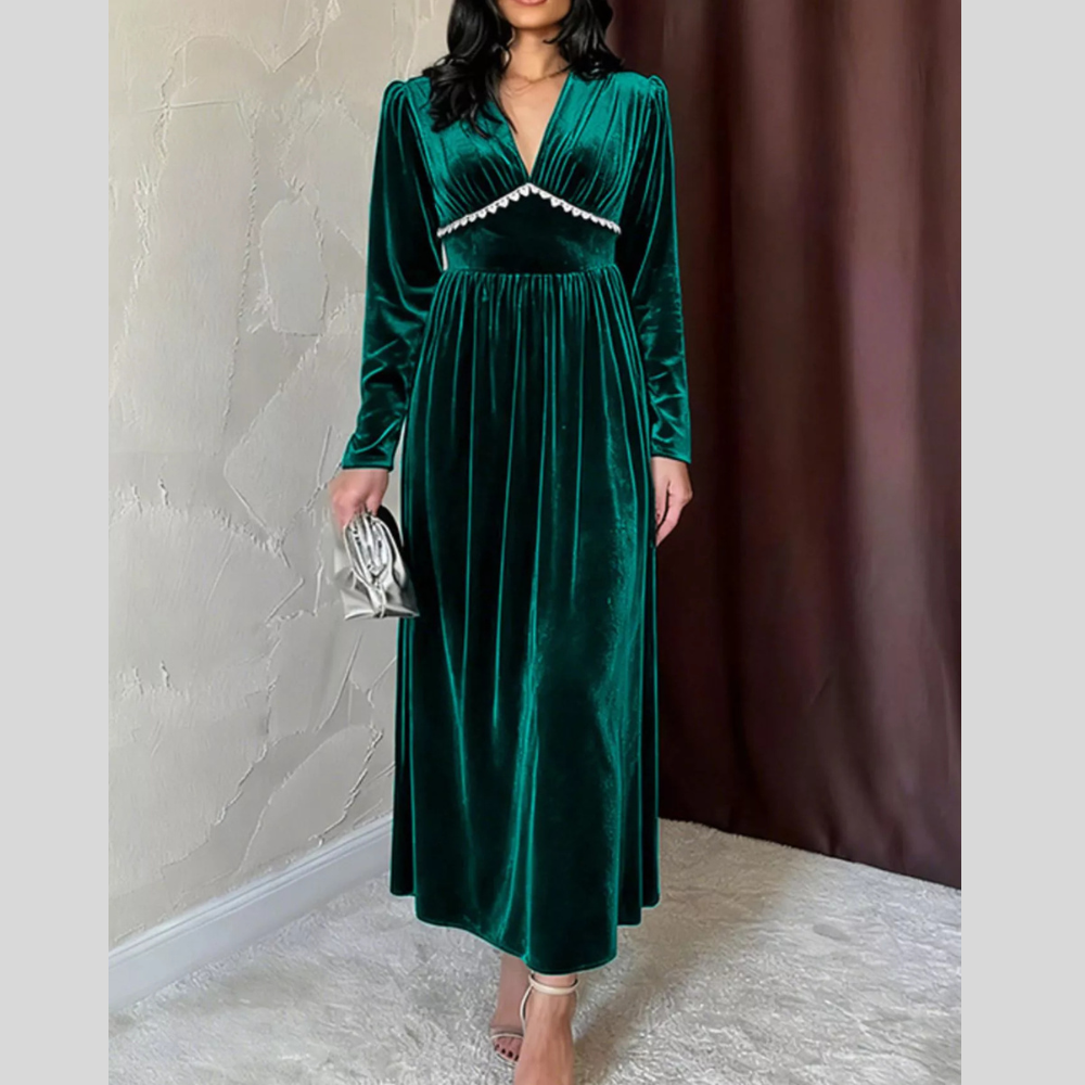 Velvet V-Neck Long Sleeve Maxi Dress
