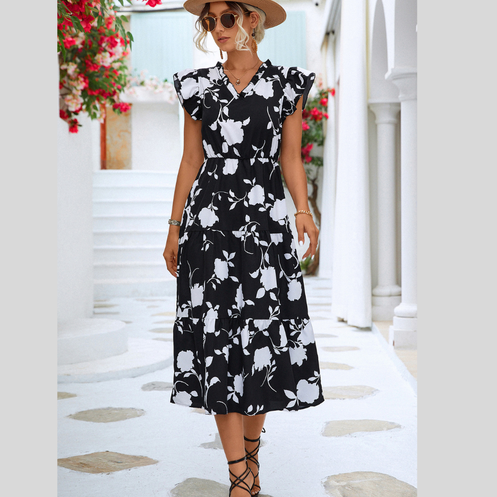 Floral Frill Trim V-Neck Tiered Midi Dress