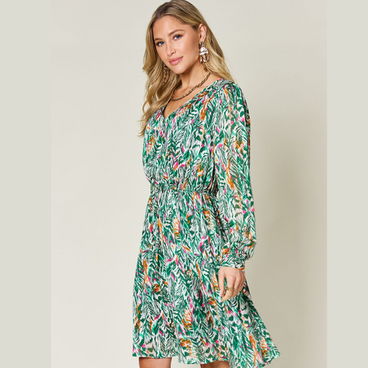 Double Take Full Size Printed Drawstring Waist Long Sleeve Dress