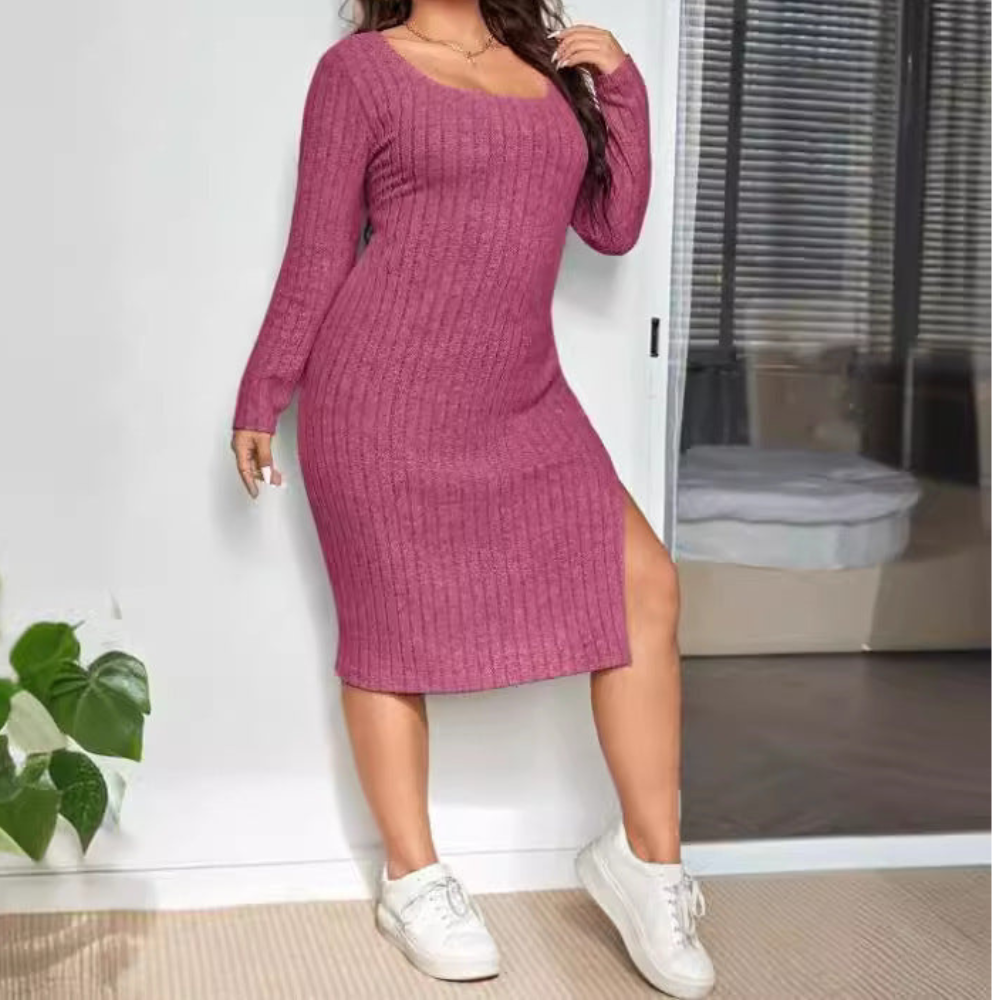 Long Sleeve Narrow Slit Slim-fitting Sunken Stripe Knitted Dress