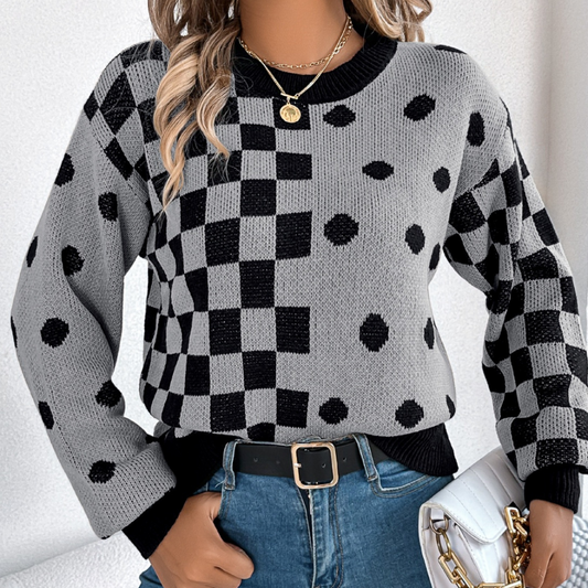 Plaid Round Neck Long Sleeve Sweater