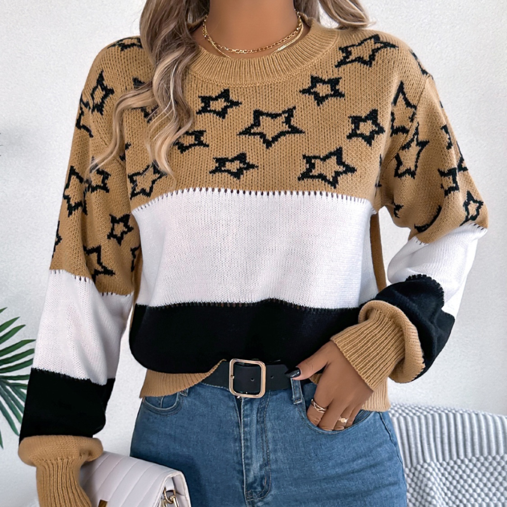 Star Contrast Round Neck Sweater