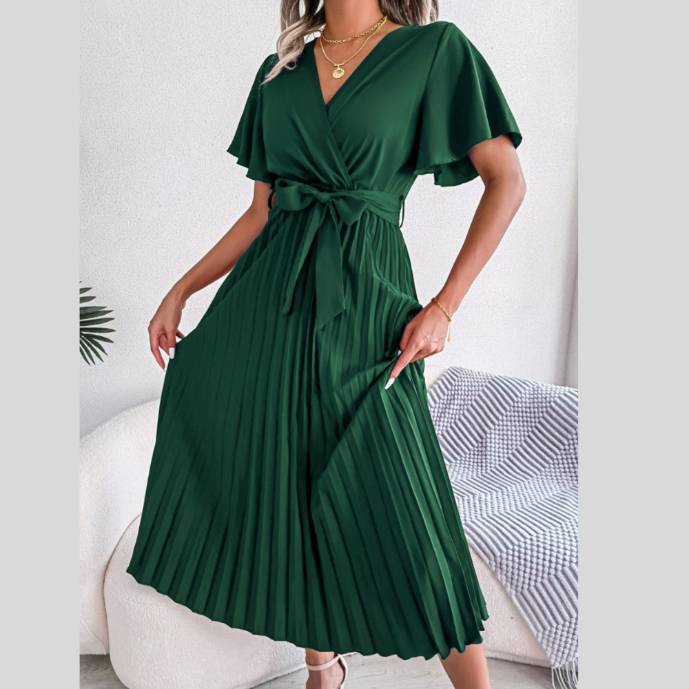 Pleated Flutter Sleeve Belted Dress