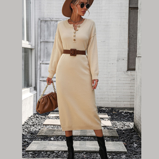 Decorative Button Notched Dropped Shoulder Sweater Dress