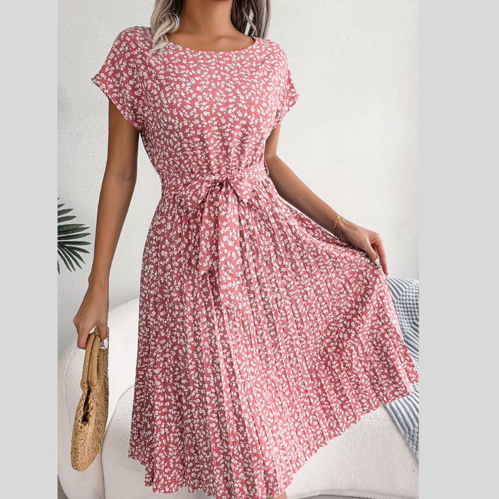 Ditsy Floral Pleated Belted Dress
