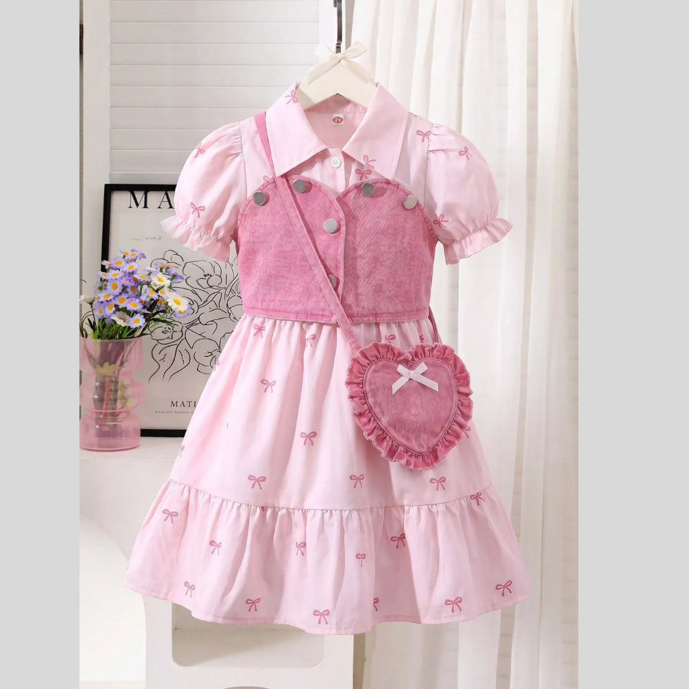 Children's Bow Print Puff Sleeve Dress and Vest Set with Heart Bag