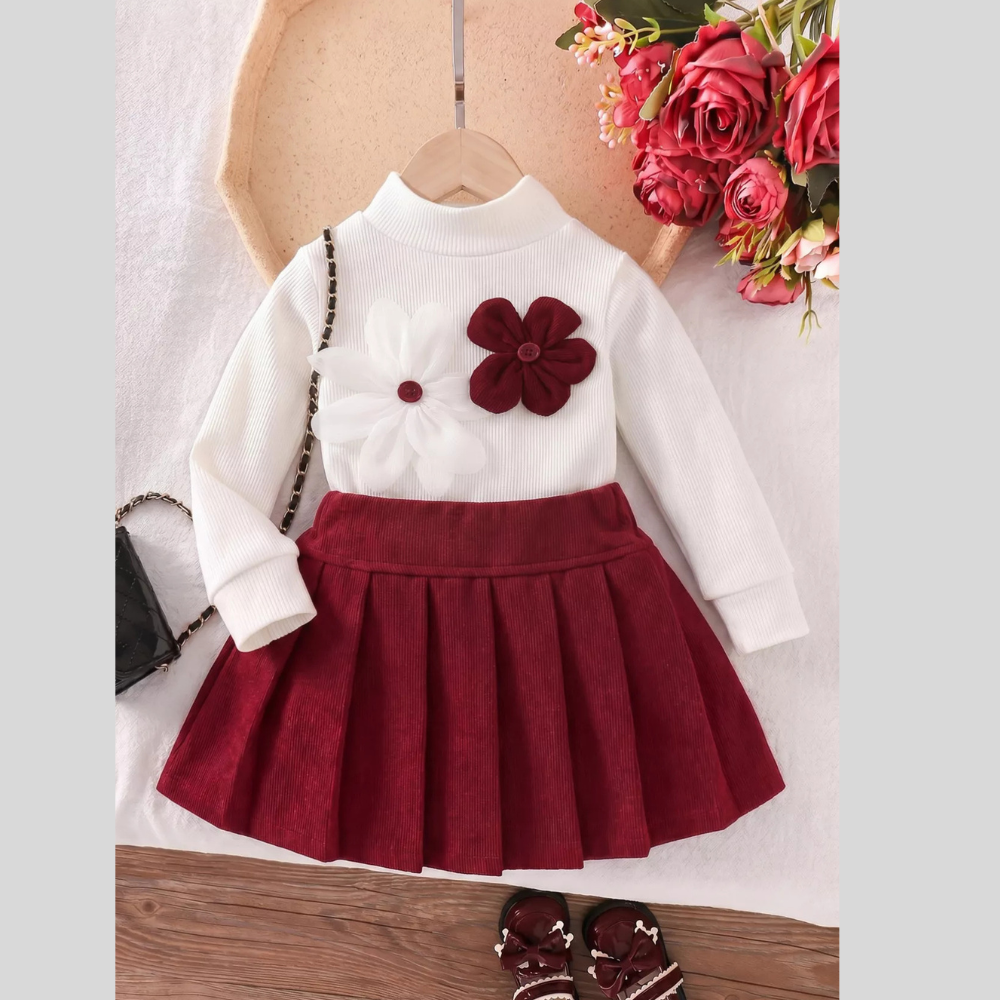 Children's Floral Applique Mock Neck Top and Pleated Skirt Set