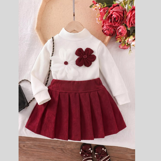 Children's Floral Applique Mock Neck Top and Pleated Skirt Set