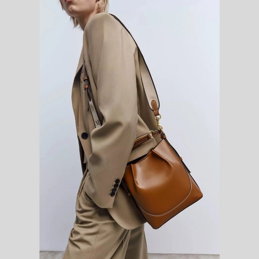 Fashion Drawstring Canvas Contrast Color Casual One-shoulder Bucket Bag