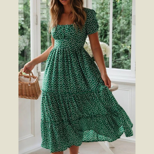 Printed Square Neck Short Sleeve Midi Dress