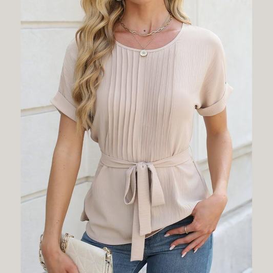 Tied Pleated Round Neck Short Sleeve Top