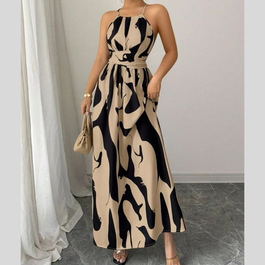 Abstract Print Halter Neck Maxi Dress
