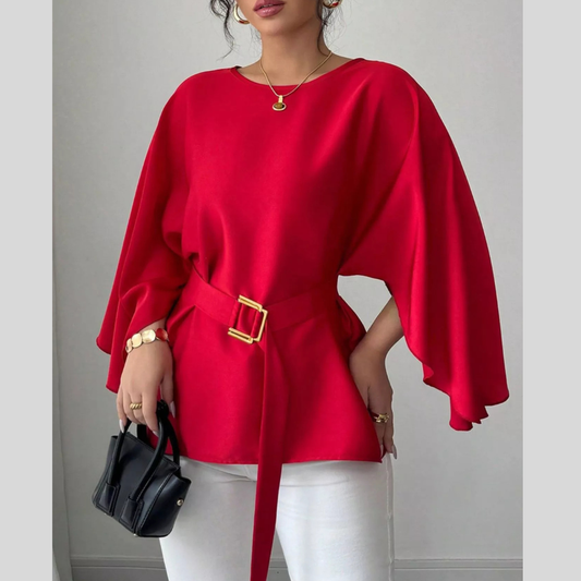 Round Neck Belt Batwing Sleeve Blouse