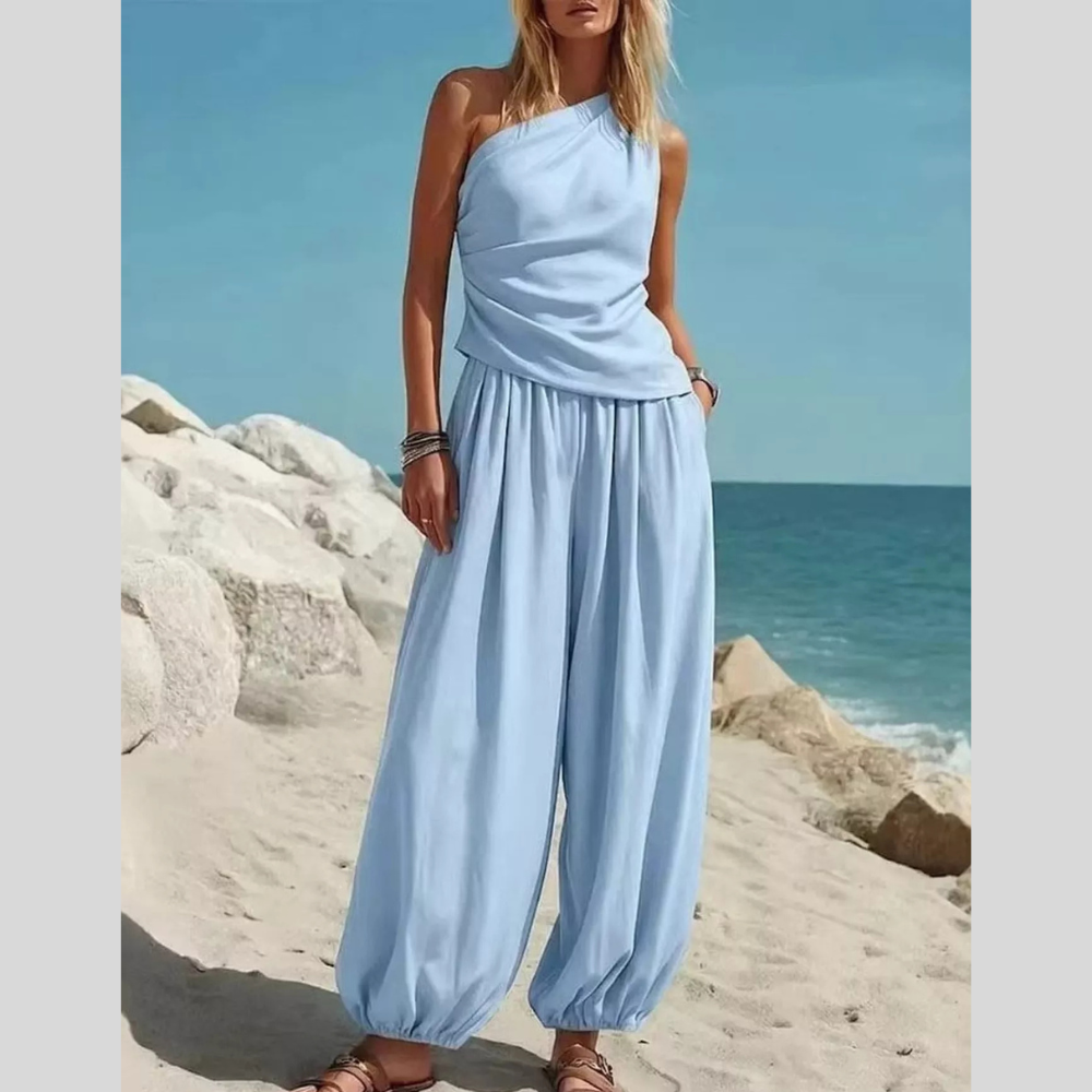 Full Size One-Shoulder Top and Wide-Leg Pants Set Plus Size