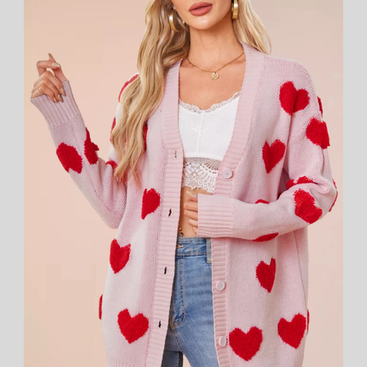 Heart Pattern Knit Button-Up Cardigan
