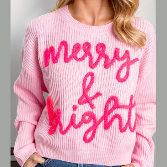 Double Take Full Size MERRY & BRIGHT Christmas Dropped Shoulder Cropped Sweater