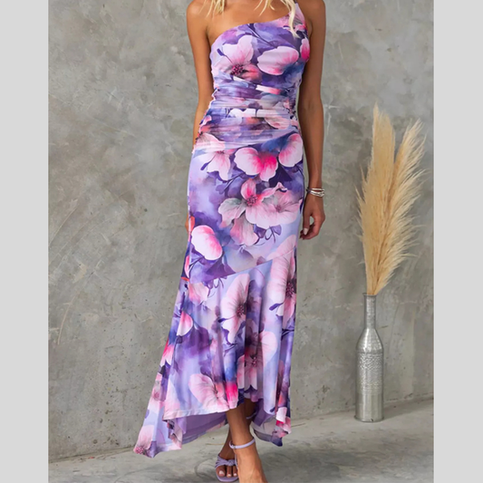 One-Shoulder Floral Ruched Maxi Dress