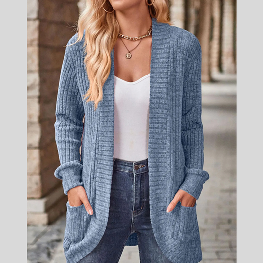 Ribbed Knit Open Front Cardigan with Pockets