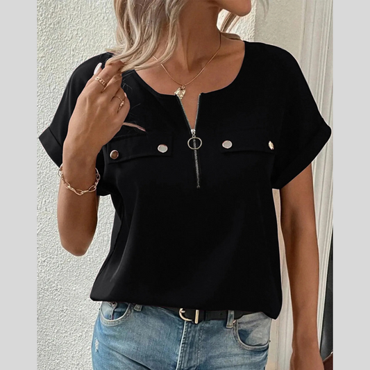 Casual Zipper Front Short Sleeve Blouse