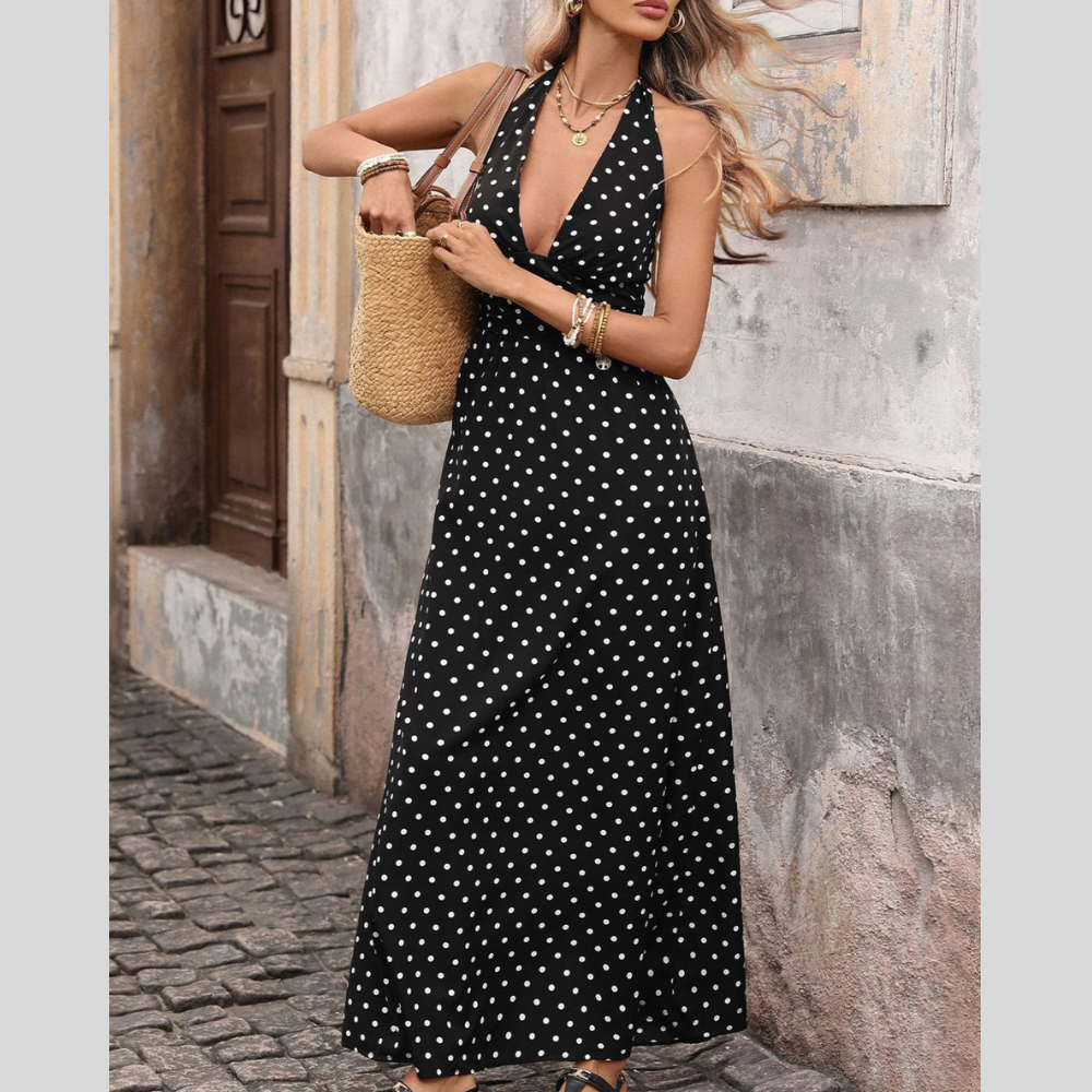 Polka Dot Halter Neck Maxi Dress