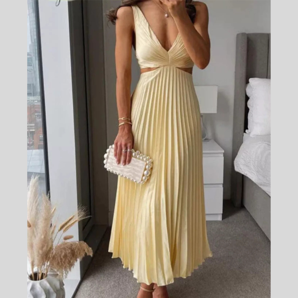 Elegant Pleated Midi Dress with Cut-out Details