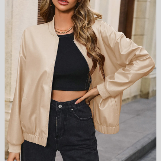 Women's Solid Color European And American Leisure Short Leather Jacket