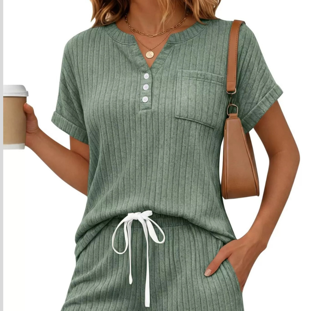 Casual Ribbed Knit Tee and Shorts Set