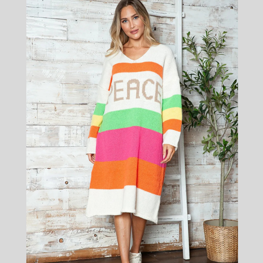 Color Block V-Neck Long Sleeve Sweater Dress