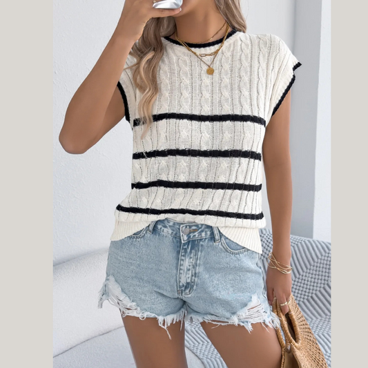 Cable-Knit Striped Round Neck Knit Top