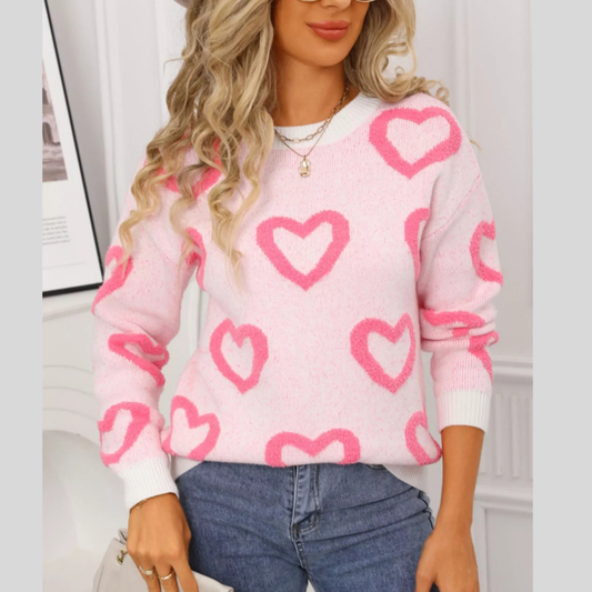 Valentine's Day Heart Pattern Round Neck Sweater