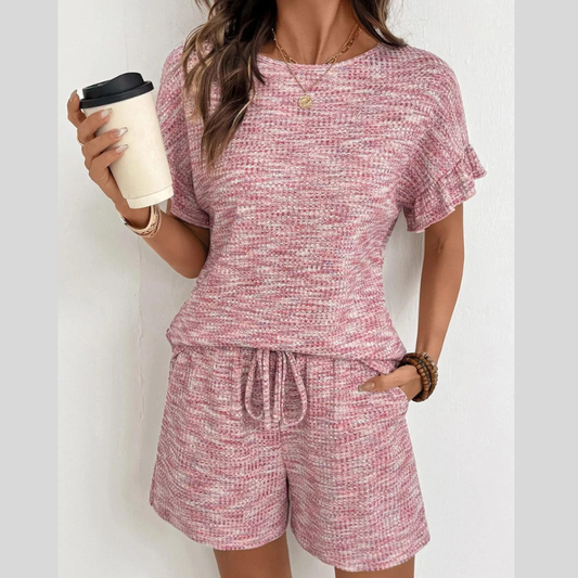 Ruffle Sleeve Textured Top and Shorts Set