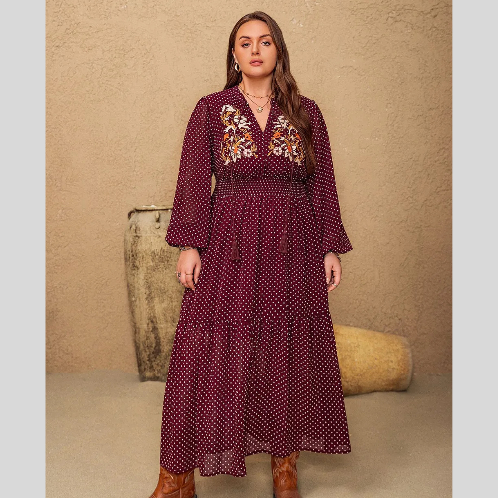 Plus Size Embroidered Polka Dot Tie Neck Long Sleeve Midi Dress